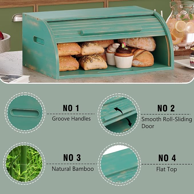 Trironsun Bamboo Roll Top Bread Box for Kitchen Countertop Large Capacity Bread Storage Bin Wooden Bread Storage Organizer Natural Breadbox for Food Storage (Antique Blue) - Image 7