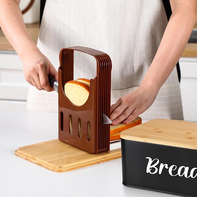 Teenyyou 2 Pcs Extra Large Bread Box with Slicer, Metal Bread Storage Container with Bamboo Cutting Board Lids, 2 Sizes Farmhouse Breadbox Set for Kitchen Countertop(Black) - Image 4