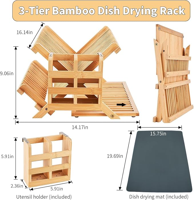YZHDUXIU Bamboo Dish Drying Rack with Utensil Holder, 3 Tier Collapsible Dish Rack, Large Dish Racks for Kitchen Counter, Wooden Folding Dish Drainer with Dish Drying Mat (3 Tier (with Drying Mat)) - Image 2
