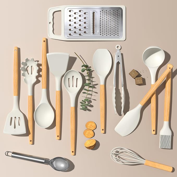 Umite Chef Silicone Kitchen Utensil Set, 34PCS Heat Resistant Kitchen Gadgets and Tools With Grater, Cream White Wood Handles for Nonstick Cookware - Image 7