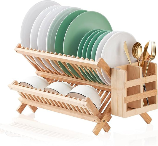 Bamboo Dish Drying Rack, 2 Tier Collapsible Dish Rack with Utensil Holder, Wooden Dish Drying Rack for Kitchen Counter, Large Folding Drying Holder, Dish Drainer 34 pcs Grid by Worthyeah