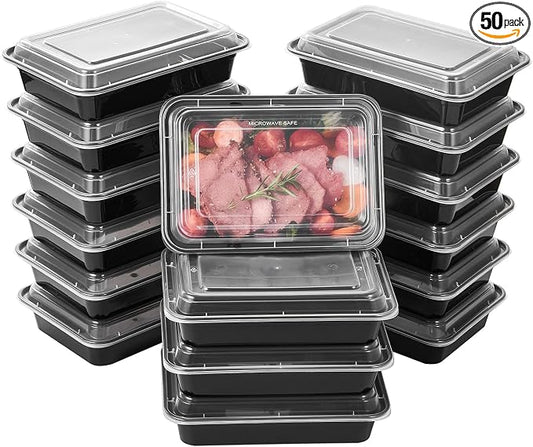 50 Pack Meal Prep Plastic Food Storage Containers With Lids 28 oz 1 Compartment Black Rectangular Reusable To Go Lunch Prepping Boxes BPA-Free Microwavable Freezer Dishwasher Safe Stackable by FULING