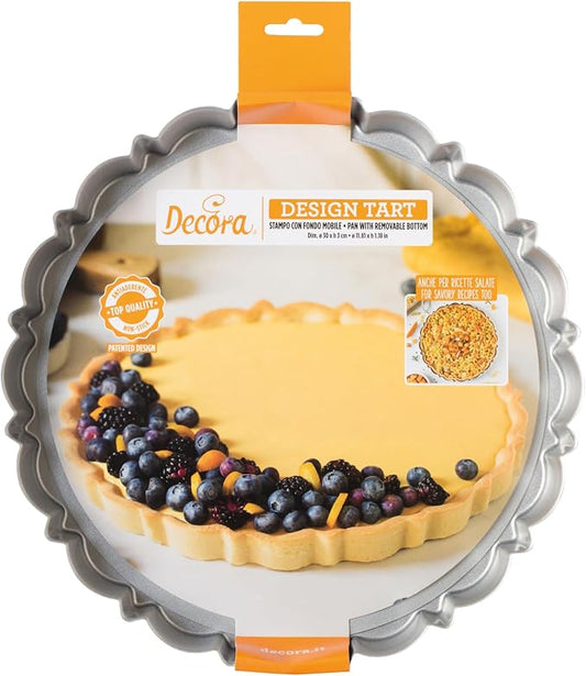 Decora 0075053 Non-Stick Steel Round Design Tart Pan 11.81" Diameter x 1.18" High with Loose Removable Bottom, for Easy Demolding, Professional Design Registered, Patented by DECORA