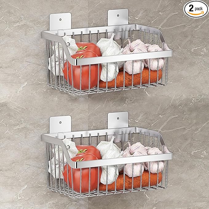2PCS Hanging Storage Baskets Organizer Wall Mount, SUS304 Stainless Steel Wire Storage Bin Rack for Kitchen Bathroom Shower Spice Shelf,L 9.84 Inch by kaileyouxiangongsi