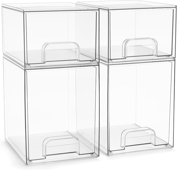 Sorbus Acrylic Storage Containers - 4 Pack, Stackable Storage Bins Set for Bathroom Organization - Clear Acrylic Drawer Organizers - Makeup Case Pull-Out Drawers (7.6’’ and 4.4’’ Tall) by Sorbus