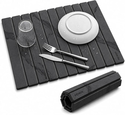 Stone Drying Mat for Kitchen Counter, 24"(L)×16"(W), Collapsible Quick Dry Stone Dishes Mats, Absorbent Diatomaceous Earth Mats for Kitchen, Bathroom (Gary Marble) by Unknown