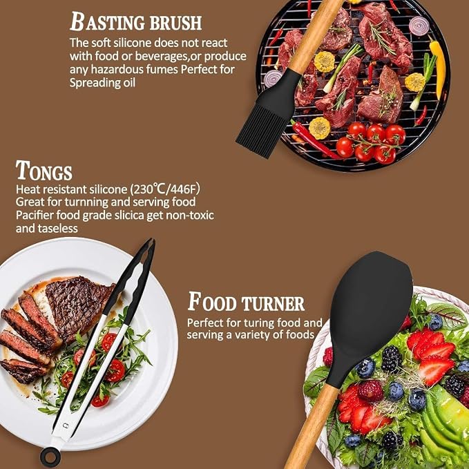 Silicone Kitchen Spatula and Utensils Spoon Set Cooking + Baking Set- 12 Pcs Non-Stick with Wooden Handle-BPA Free,Heat Resistant Item,Flexible Non Toxic Silicon Cookware Tools (Black) - Image 6