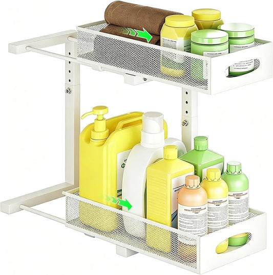 Under Sink Organizer, 2 Tier Pull Out Cabinet Storage, White | Rustproof Carbon Steel, Mesh Sliding Drawers, 5-Level Height Adjustable to Bypass Pipes, for Kitchen, Bathroom, Laundry by WROBTLD