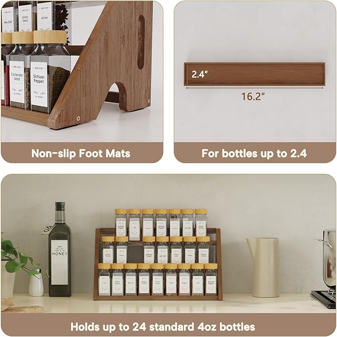 Bamboo Spice Rack Organizer -3-Tier Spice Rack for Countertop,Cabinet Spice Rack Organizer for 24 Spice Jars(4oz)，Step Shelf (Walnut) - Image 5