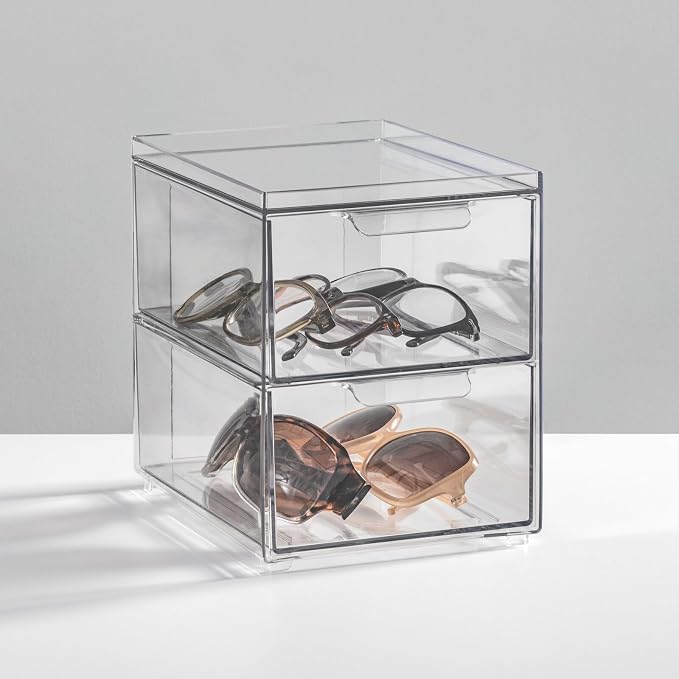 mDesign Stackable Storage Containers Box with 2 Pull-Out Drawers - Stacking Plastic Drawer Bins for Closet Organization, Linen, Coat, Bedroom or Entryway Closets - Lumiere Collection - 4 Pack, Clear - Image 2