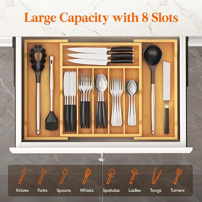 Lifewit Silverware Drawer Organizer, Expandable Utensil Tray for Kitchen, Flatware and Cutlery Holder, Wood Adjustable Storage for Spoons Forks Knives, 13-22x15/ 33-56x38cm, Natural | Expandable Flatware and Cutlery Holder, Adjustable Storage for Spoon... - Image 2