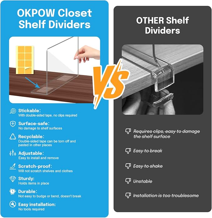 OKPOW Shelf Dividers Closet Organizer - 7.5" Tall X 11.8" Deep Acrylic Clear Sturdy Separate for Clothes Purse - Adjustable Space Saver Easy Install for Home Organization Enthusiasts 8 Pack - Image 2