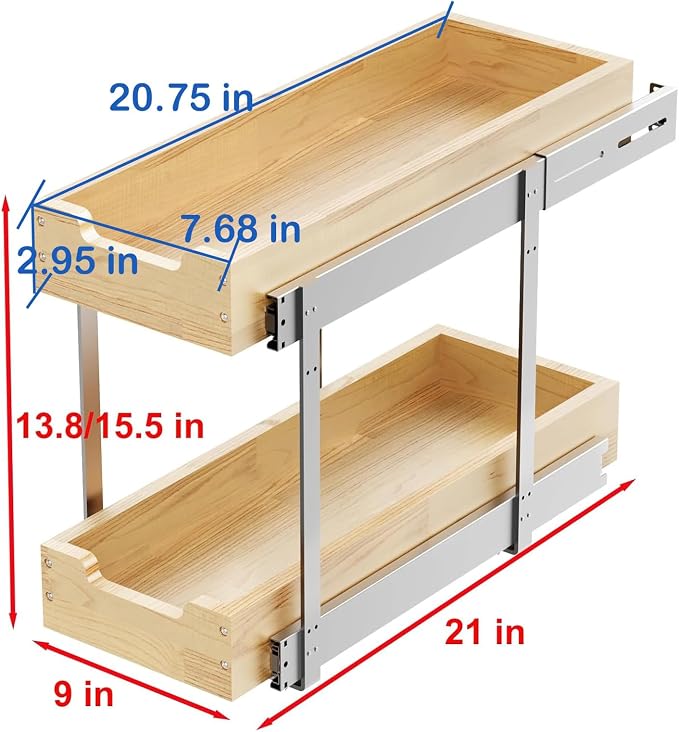Sikarou Wood Pull Out Cabinet Organizer 2 Tie 9" W x 21" D, Heavy-Duty Sliding Drawers for Inside Cabinets Storage and Organization for Kitchen, Pantry, Bathroom - Image 2