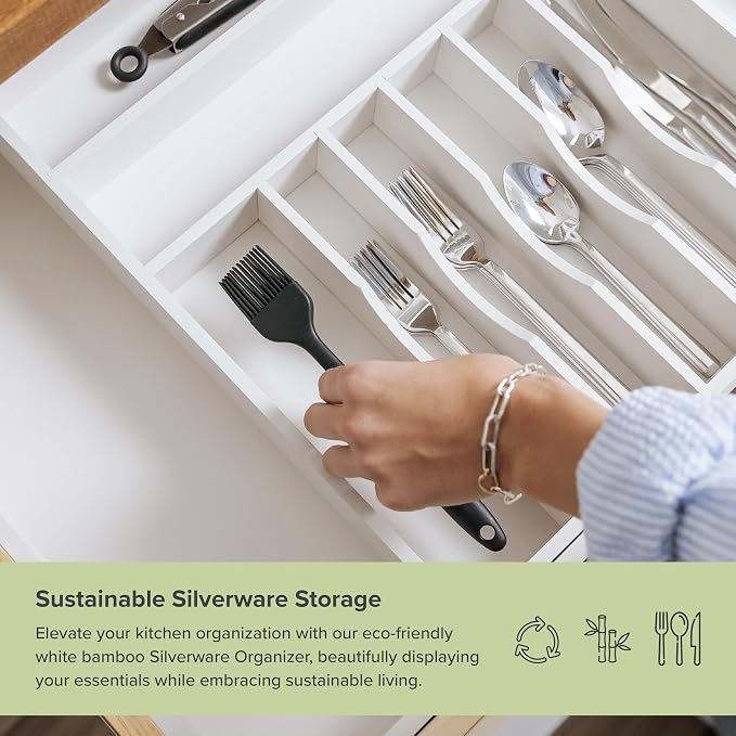 Silverware & Utensil Drawer Organizer, 18-33 in, White Bamboo | Cutlery, flatware, food-safe contract grade, kitchen drawer fit - Image 4