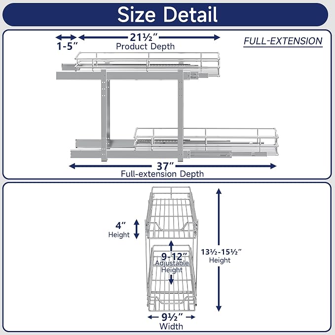 2-Tier Pull Out Cabinet Organizer, 9" W x 21.5" D, Heavy Duty Dual Slide Out Shelves for Narrow Base Cabinets, Chrome Wire Basket Drawer for Spices, Bottles & Snacks - Image 2