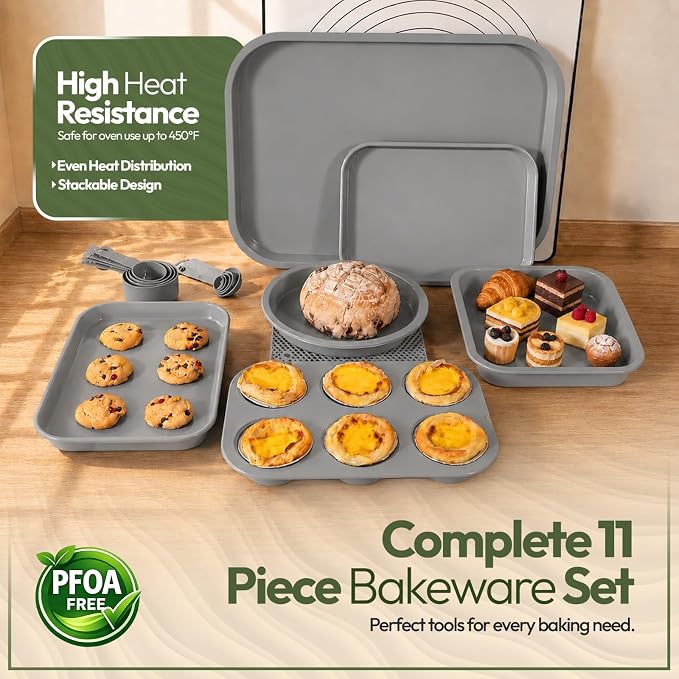 Non-Toxic 11-Piece All-in-One Nesting Bakeware Set - Space-Saving Stackable Nonstick Carbon Steel Baking Pans Set, PFOA-Free, Cookie Sheet, Roasting Pan, Square, 2 Muffin & 2 Cake Pans - Image 2