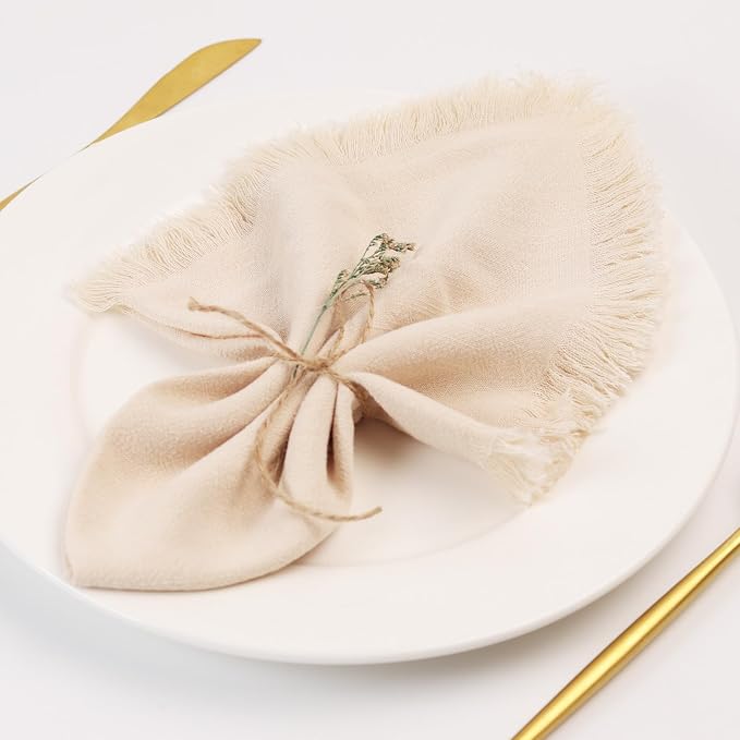 Handmade Cloth Napkins with Fringe,18 x 18 Inches Cotton Linen Napkins Set of 12 Versatile Handmade Square Rustic Fringe Napkins for Dinner, Wedding and Parties, Cream by Dololoo