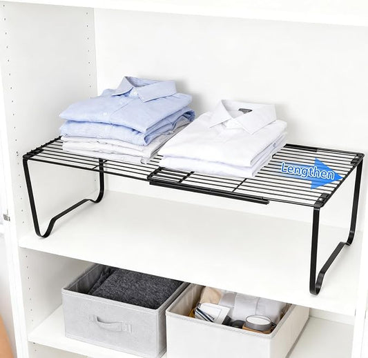 Extendable Metal Wire Shelf Organizer - Adjustable 15-24.4in Length, Stackable Storage Rack for Kitchen, Pantry, Bathroom, Shoe Cabinet & Tool Closet (1 Pack, Black) by JBESUHI