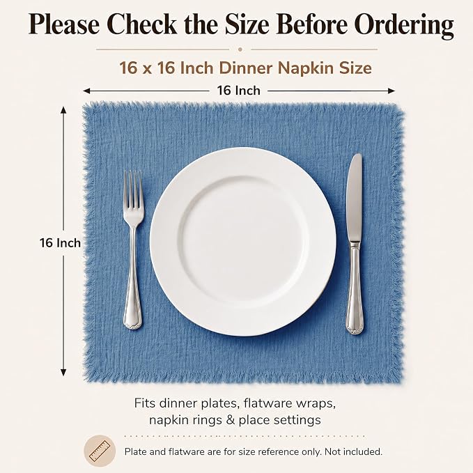 36 Pack Cyan Cloth Napkins, 16 x 16 Inch Cotton with Fringe Settings | Handmade washable reusable cotton dinner napkins in bulk for weddings, parties, rustic boho table settings - Image 2