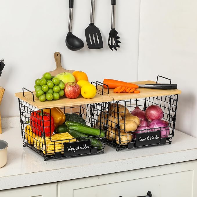 2 Set Large Stackable Wire Basket with Bamboo Tops & Tag- Pantry Organizer and Storage Bins, Kitchen Counter Cabinet Shelf Countertop Under Sink Organizing for Food Snack Produce Onion Potato Bread - Image 5