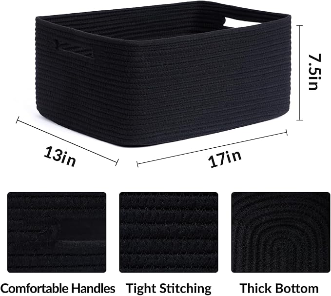 MiniArk Large Storage Baskets for Shelves, 17 x 13 x 7.5” Closet Organizers Bins for Clothes Blanket Towels, Baby Nursery, Toy Baskets Box, Woven Rope Baskets, 3 Packs Black - Image 2