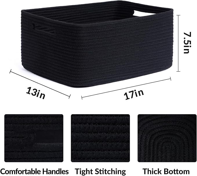 MiniArk Large Storage Baskets for Organizing, 17 x 13 x 7.5” Closet Shelf Baskets for Clothes Blanket Towels, Baby Nursery, Toy Bins Box, Woven Rope Baskets, 4 Packs Black - Image 2