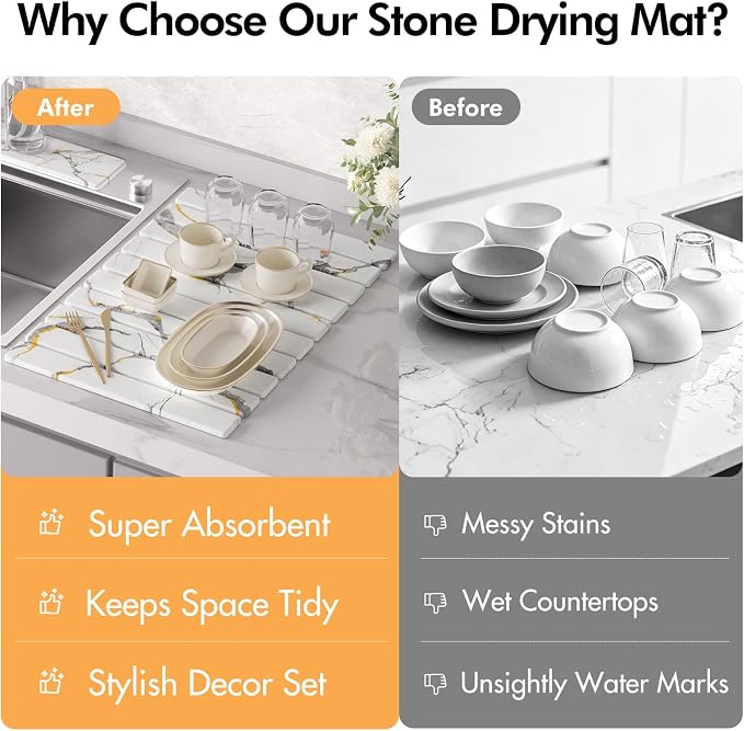 4 Pcs Stone Dish Drying Mat Set, 24''x16'' Fodable Large Diatomaceous Earth Drying Mat, Faucet Mat and 2 Coasters for Kitchen Counter, Super Absorbent Quick Dry Mats for Dishes Bottles Cups - Image 6