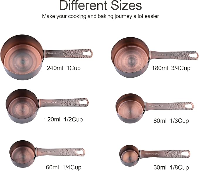 Measuring Cups and Spoons Set 14, Copper Measuring Cups and Spoons Set for Dry & Liquid, Metric & US Stainless Steel 6 Measure Cups and 7 Spoons Set w/Leveler for Kitchen & Baking - Image 4
