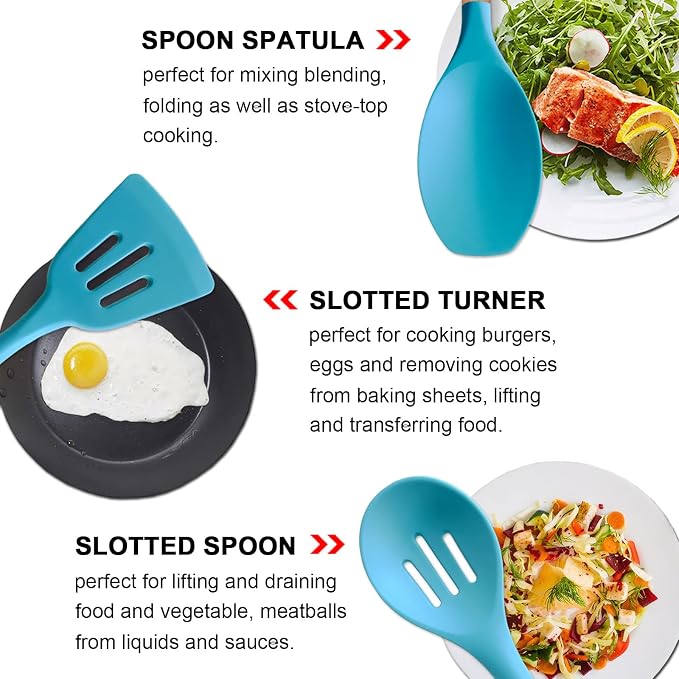 Silicone Kitchen Cooking Utensils Set, 5-Piece Non-Stick Silicone Kitchen Utensils Spatula Serving Spoons Turner Ladle Set w Wooden Handle Heat Resistant Cooking Gadgets for Nonstick Cookware - Image 4