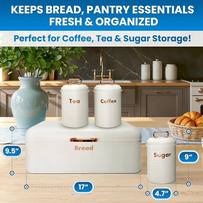 Plexon White Bread Box for Kitchen Countertop with Tea Coffee Sugar Containers Set – Metal Bread Storage Bin with Lid, Kitchen Canister Set of 4, Counter Organizer for Bread, Coffee Bar Pantry - Image 3