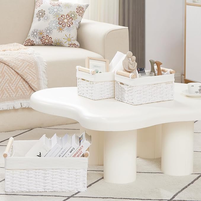 Wicker Storage Basket, Set of 3 Hand-woven Storage Baskets for Organizing, Large Cube Storage Organizer Baskets Bins with Handles for Shelves Decor, Small Toilet Paper Storage Basket, White - Image 3