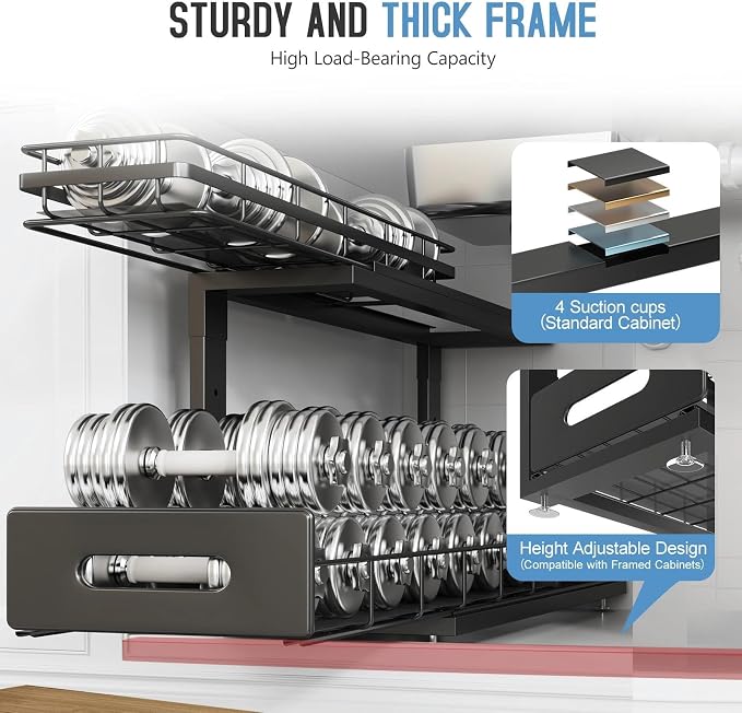 Under Sink Organizer Upgrade To Professional Rails,2-Tier Dual Pull Out Cabinet Storage,Height Adjustable Slide Out Drawers For Bathroom Kitchen,1 Pack-21"Dx12.8"-16.9"H,Black - Image 4