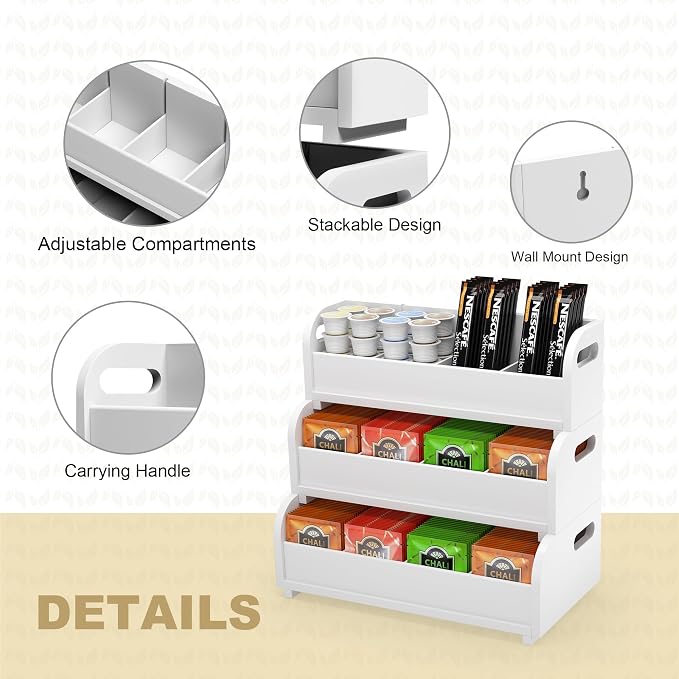 3-Tier Bamboo Tea Box Rack with Removable Dividers, Wall Mount Large Capacity for Pantry Drawer Cabinet Kitchen Office Coffee StationTea Bag Organizer, Stackable Tea Holder for Countertop, White - Image 6