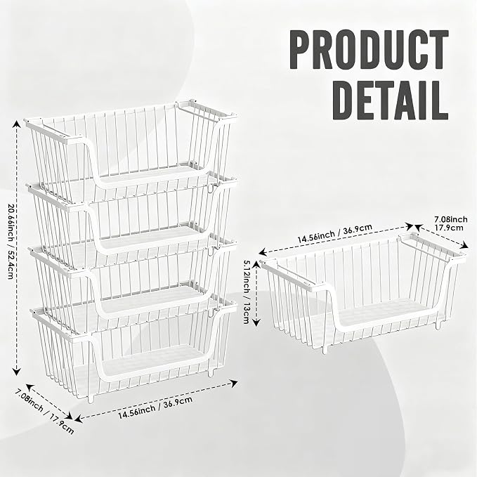 4 Pcs Stackable Wire Baskets for Pantry Organizers and Storage, | Vegetable Fruit Basket for Countertop,Kitchen Storage Metal Baskets,Produce Potato Onion Storage Bin,White - Image 3