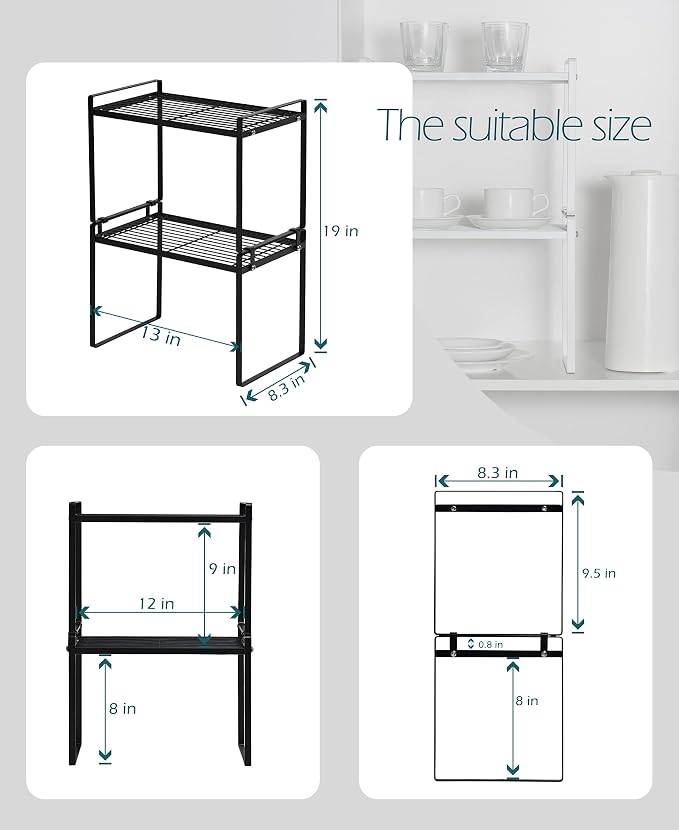 Shantton 2pk Kitchen Cabinet Shelf Counter Organizer Rack Pantry Storage Bathroom Bedroom Office Table Desk Space Saving Steel Frame Stackable Rust Resistant Non Slip Black-Tall-L13in W8.3in H9.5in | 2-Pack Stackable Metal Riser Holds 40LBS with Non-Sl... - Image 3