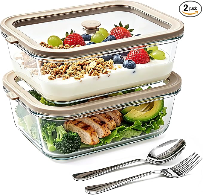 50 oz Glass Food Storage Containers with Glass Lids, 2 Pack | Non Toxic Meal Prep Containers, Airtight Glass Lunch Containers for Fruits, Vegetables, Microwave, Dishwasher by Encheng
