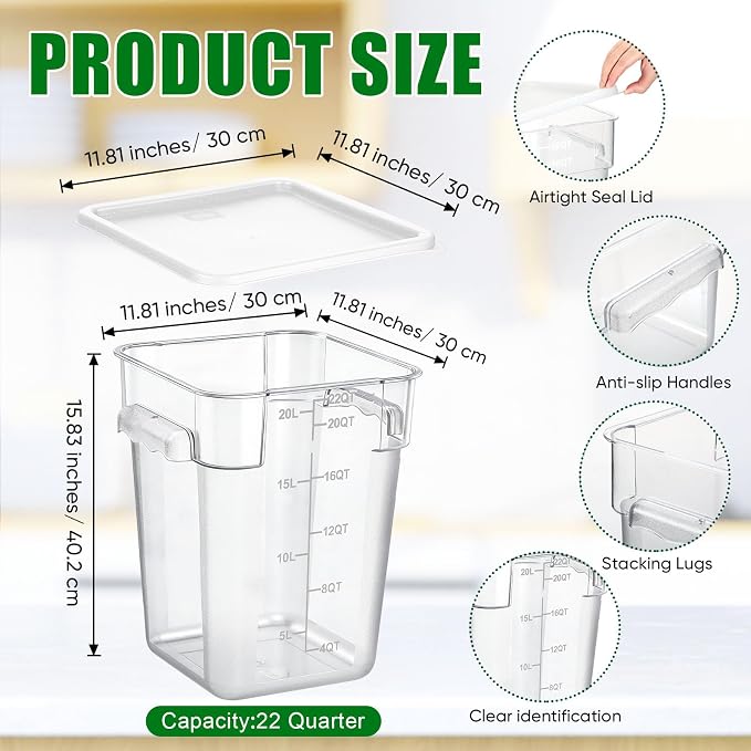 FoldTier 2 Pieces Square Food Storage Containers Polycarbonate Clear food Container with Lid Commercial Storage with Graduations for Commercial Kitchen Dough Marinating Meat(White,22 Qt) - Image 2