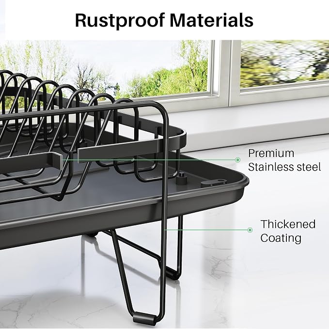 SNTD Large Dish Drying Rack for Kitchen Counter, Expandable, Black | Stainless Steel Dish Drainer, Adjustable Length 18.9''-29.3'', Automatic Drainage, 360° Spout, Cutlery Holder with Knife Slot - Image 8