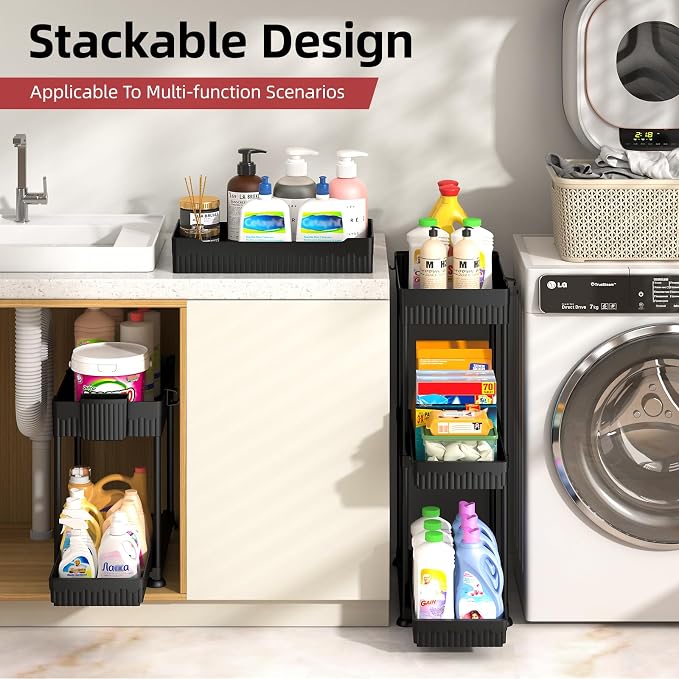 4-Pack 2-Tier Under Sink Organizer with Pull Out Drawers | Multi-use kitchen & bathroom storage. Includes hanging hooks and cups. Black, space-saving cabinet design. 14.8 Inch - Image 8