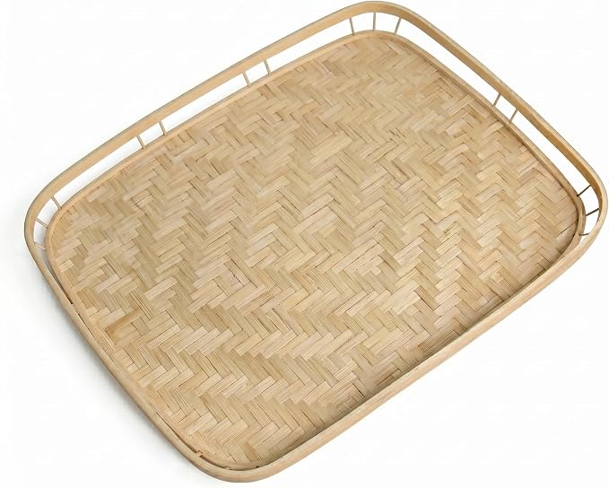 PEMAR Wicker Serving Trays w Handles,Rectangular Hand-Woven Lap Trays,Bamboo Bedroom Trays,Cabin Trays for Foods & Drinks. Decorative Trays for Coffee Tables,Breakfast,Dinners,Bed Eating. 2 Pack Set - Image 2