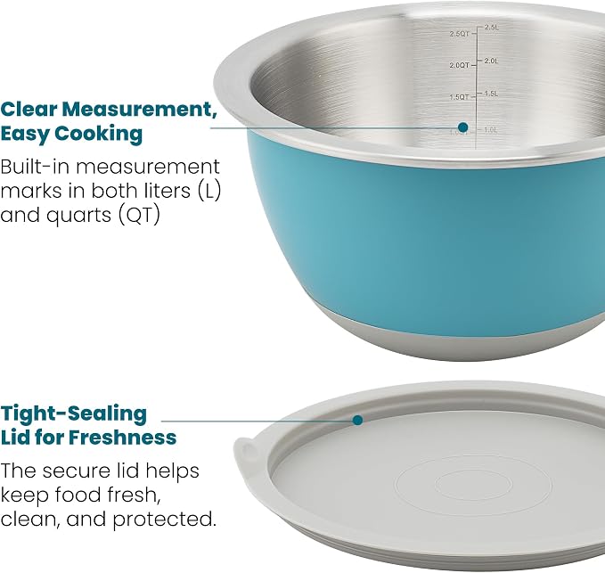 18/8 Stainless Steel Mixing Bowls Set with Lids,1.5,3 & 5 Qt,Blue | Non-Slip Silicone Base & Measurement Marks, Airtight Food Storage for Baking, Cooking & Meal Prep，Nesting Design - Image 4
