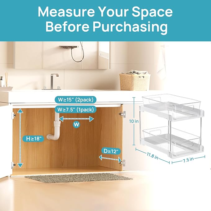 Vtopmart 2 Pack Pull Out Bathroom Under Sink Organizer (S-Standard, White) | Slide-out drawers, Multi-purpose storage, Clear visibility, Easy Set-up - Image 6
