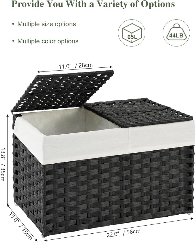 SETVSON Storage Basket with Lid PE Rattan Woven Storage Bins, 65L Black | 65L Storage Bin with 2 Separate Lids, 2 Removable Liner Bags with Divider, Sturdy Metal Frame, Foldable Side Handles - Image 2