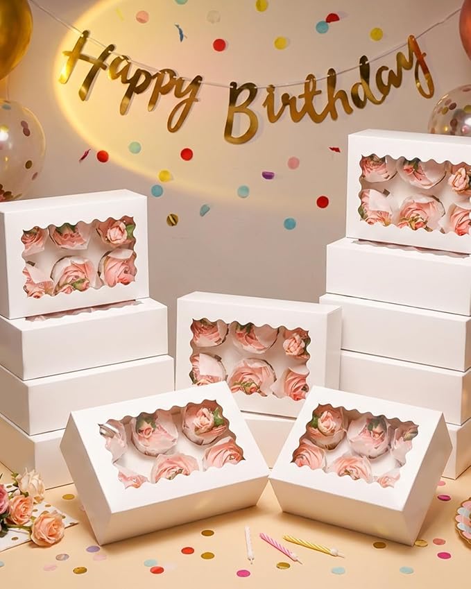 qiqee Auto-pop Up Cupcake Boxes with Window White 100PCS 6 Count Cupcake Box 9.4"x6.1"x3" Cupcakes Carrier, 6 Cupcake Containers - Image 8