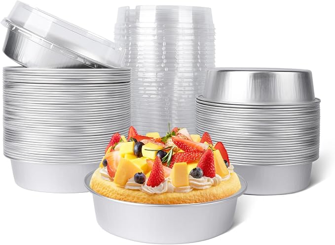 Beasea Mini Ramekins with Lids, 50 Pack 4 Inch 8oz Disposable Aluminum Foil Cake Baking Tins Pans Creme Brulee Tart Pie Tins Silver Small Individual Round Containers Oven Safe for Baking by Beasea