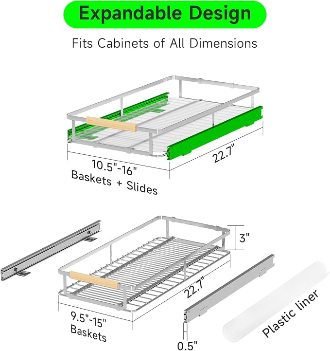 Expandable Pull-Out Cabinet Drawers, Slide-Out Shelves, Small 1 Pack | Smooth Slide-Out Access, Adjustable Fit, Pull-Out Organization, Small Cabinet Use, Space-Saving - Image 2