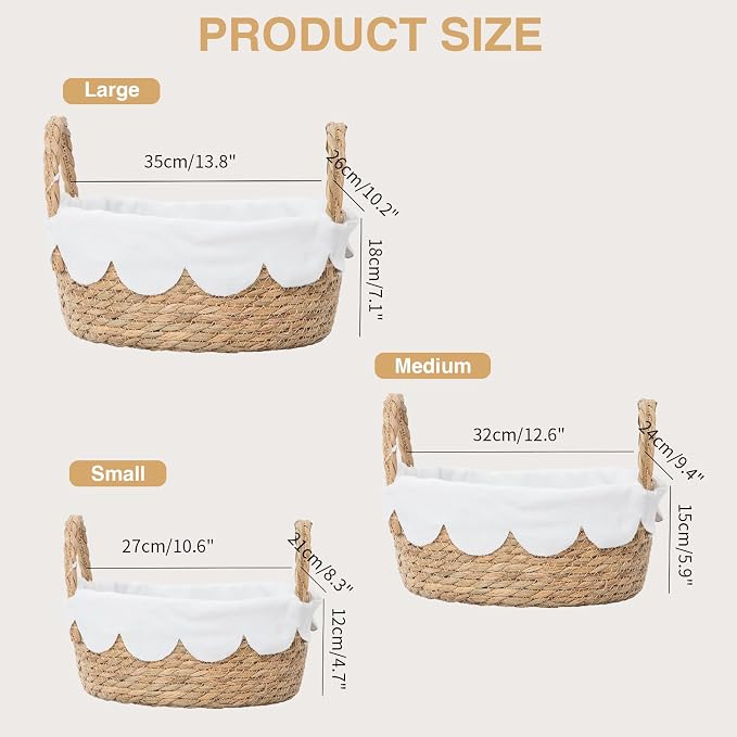 Handmade Seagrass Wicker Storage Basket with Handles & Removable Liner,Eco-Friendly Oval Woven Shelf Basket Organizer for Home Decor,Set of 3 - Image 7