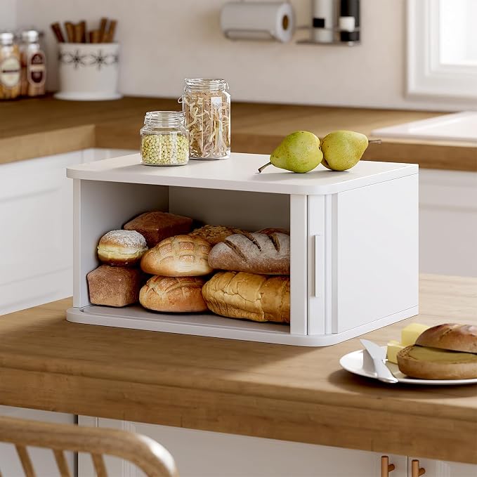 WOWLIVE Roll Top Bread Box for Kitchen Countertop, Bamboo Bread Storage | Airtight Bread Containers, Large Bread Bin with Sliding Door for Loaves, Bagels, Countertop Storage Cabinet, White, Medium - Image 6