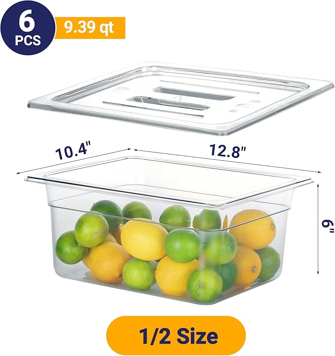 BIEAMA 6 Pack 1/2 Size 6" Deep NSF Polycarbonate Food Pans with Lids | Stackable clear containers for meal prep, buffet, salad bars, commercial & home kitchen; dishwasher safe and freezer safe - Image 2