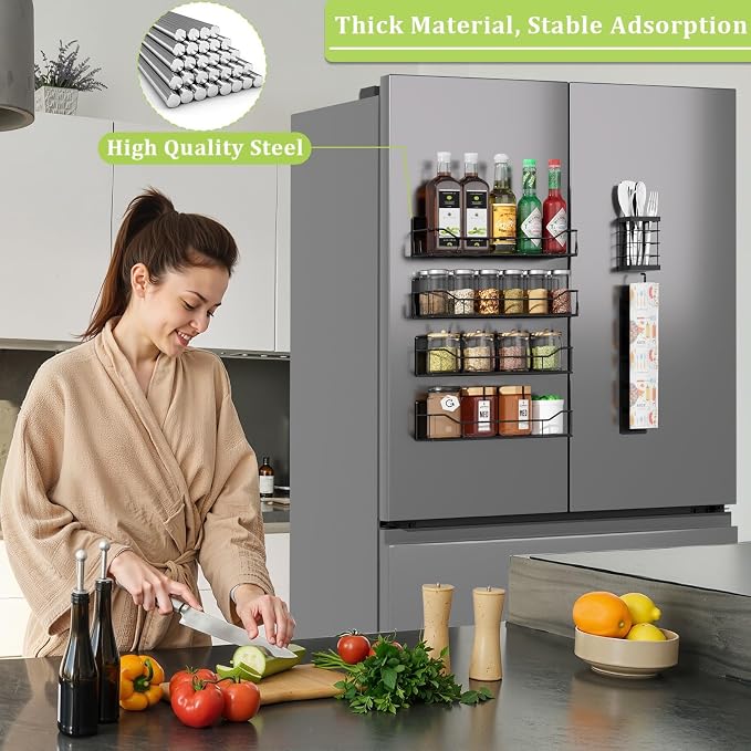 Magnetic Spice Rack for Refrigerator, 6 Pack Strong Magnet Spice Organizer with Paper Towel Holder, Utensil Holder, Moveable Magnetic Fridge Shelf for Kitchen Organization and Storage (Black) - Image 5